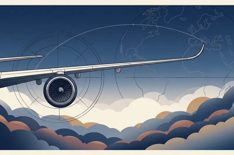 Jet wing and global flight route arcs (editorial illustration)