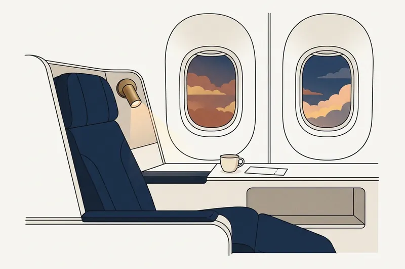 Long-haul window suite and boarding pass (editorial illustration)