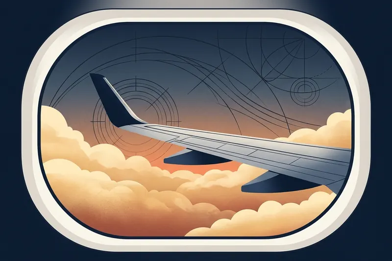 Aircraft wing at golden hour with route geometry (editorial illustration)