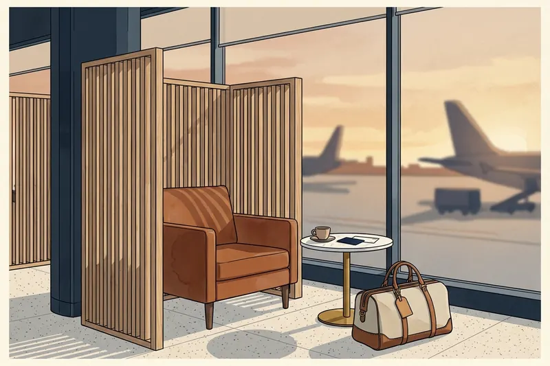 Airport lounge seating nook and access card (editorial illustration)